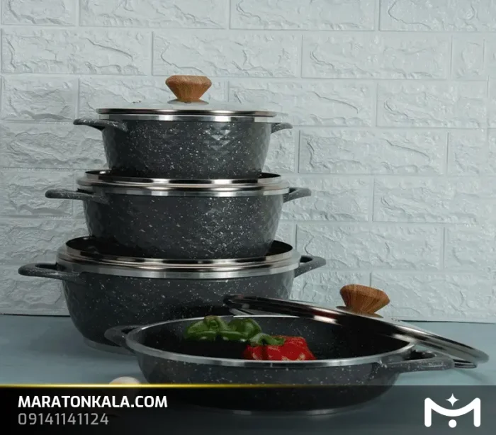 سرویس قابلمه 8 پارچه چدن طرح الماس رنگ مشکی ماراتن کالا