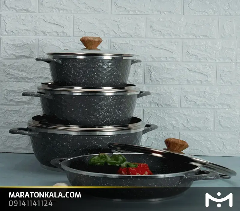 سرویس قابلمه 8 پارچه چدن طرح الماس رنگ مشکی ماراتن کالا