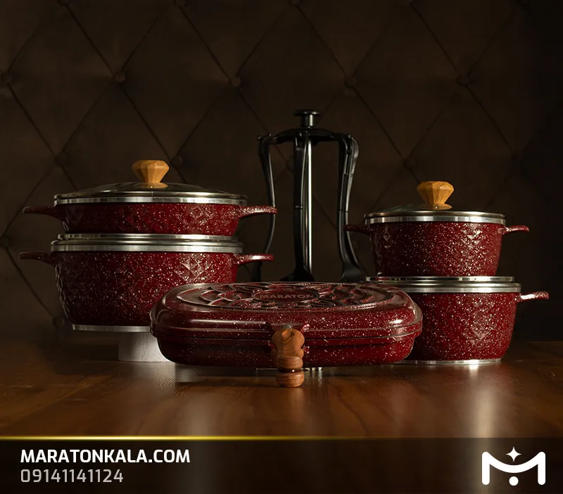 سرویس قابلمه 17 پارچه چدن طرح لبخندی رنگ زرشکی