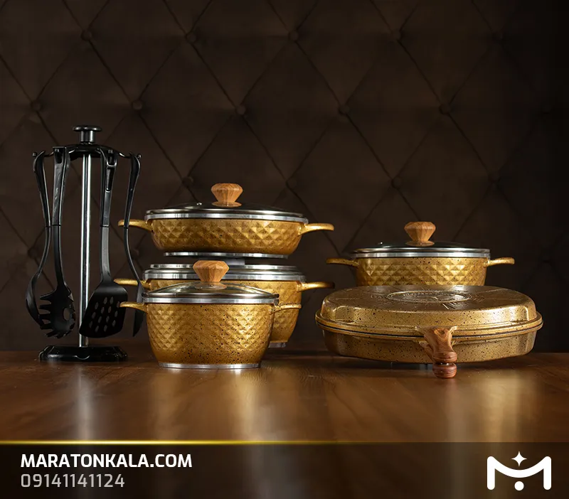 سرویس قابلمه 17 پارچه چدن طرح لبخندی رنگ طلایی