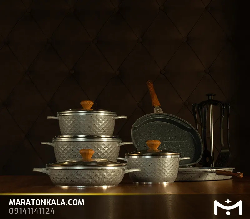 سرویس قابلمه 17 پارچه چدن طرح لبخندی رنگ زیتونی