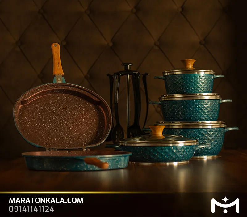 سرویس قابلمه 17 پارچه چدن طرح لبخندی رنگ سبز کله غازی