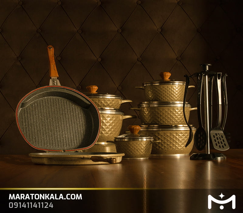 سرویس قابلمه 21 پارچه چدن طرح لبخندی رنگ طلایی