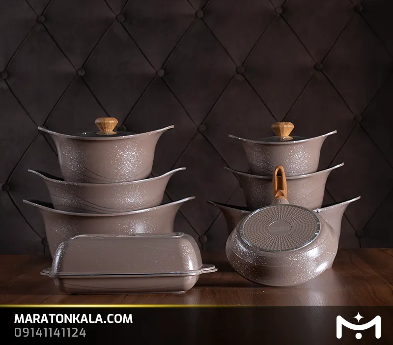 سرویس قابلمه 26 پارچه چدن طرح لبخندی رنگ شکلاتی ماراتن