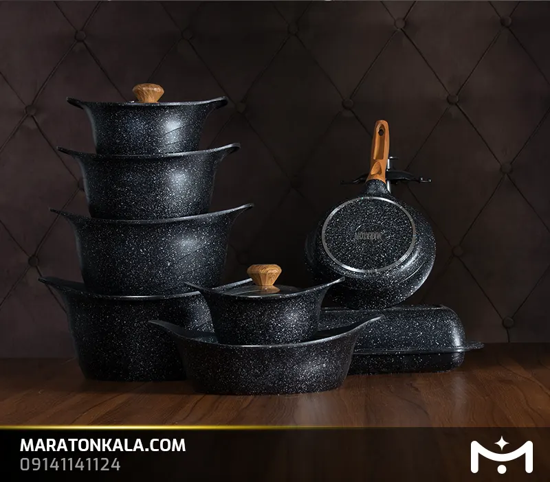 سرویس قابلمه 26 پارچه چدن طرح لبخندی رنگ مشکی ماراتن