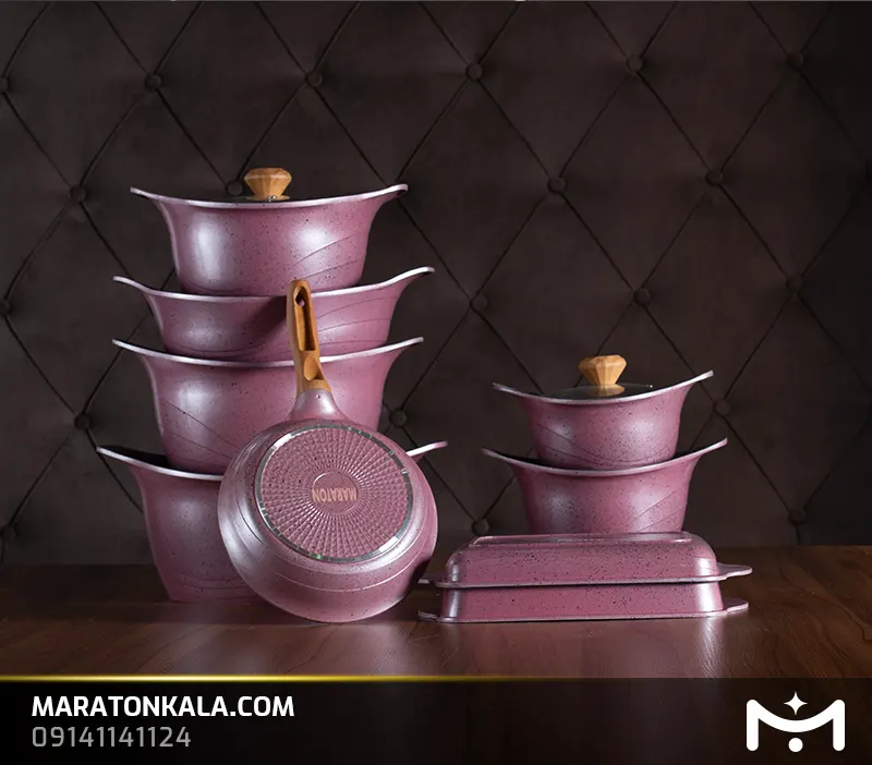 سرویس قابلمه 26 پارچه چدن طرح لبخندی رنگ رزگلد ماراتن