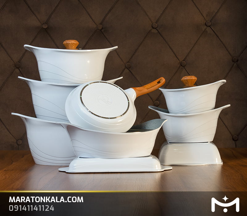 سرویس قابلمه 26 پارچه چدن طرح لبخندی رنگ سفید ماراتن