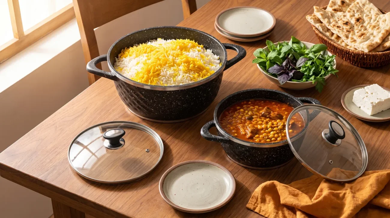 برنج زعفرانی در قابلمه چدن بزرگ و خورش قیمه در قابلمهٔ کوچک‌تر روی میز ناهار